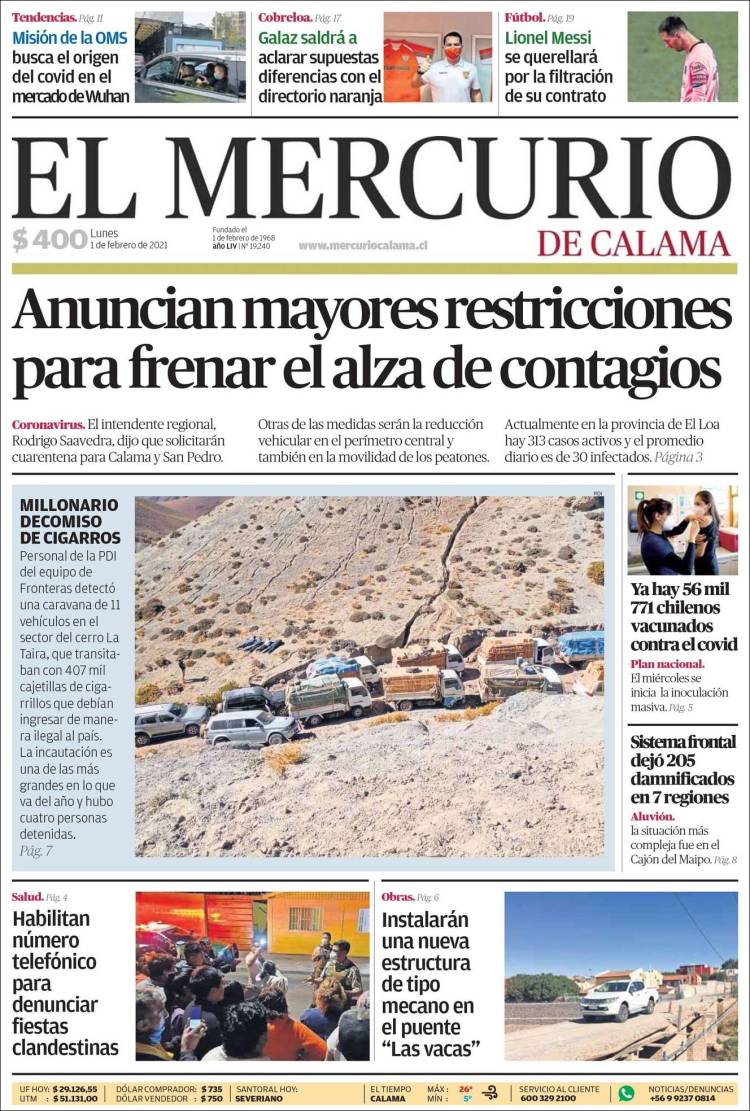 Portada de El Mercurio - Calama (Chile)