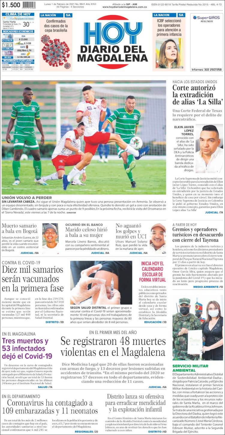 Portada de Hoy Diario del Magdalena (Colombia)