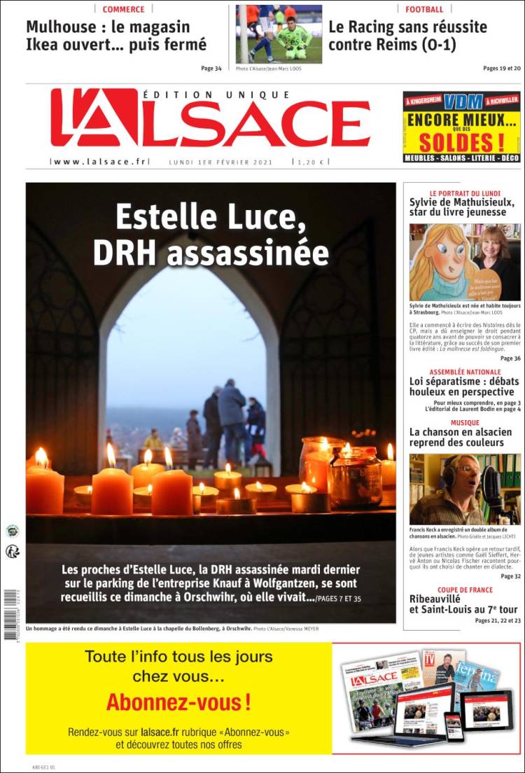 Portada de Journal L'Alsace (Francia)