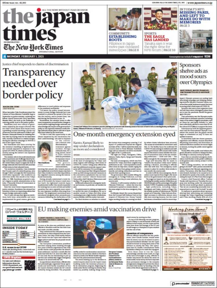 Portada de The Japan Times (Jap&oacute;n)