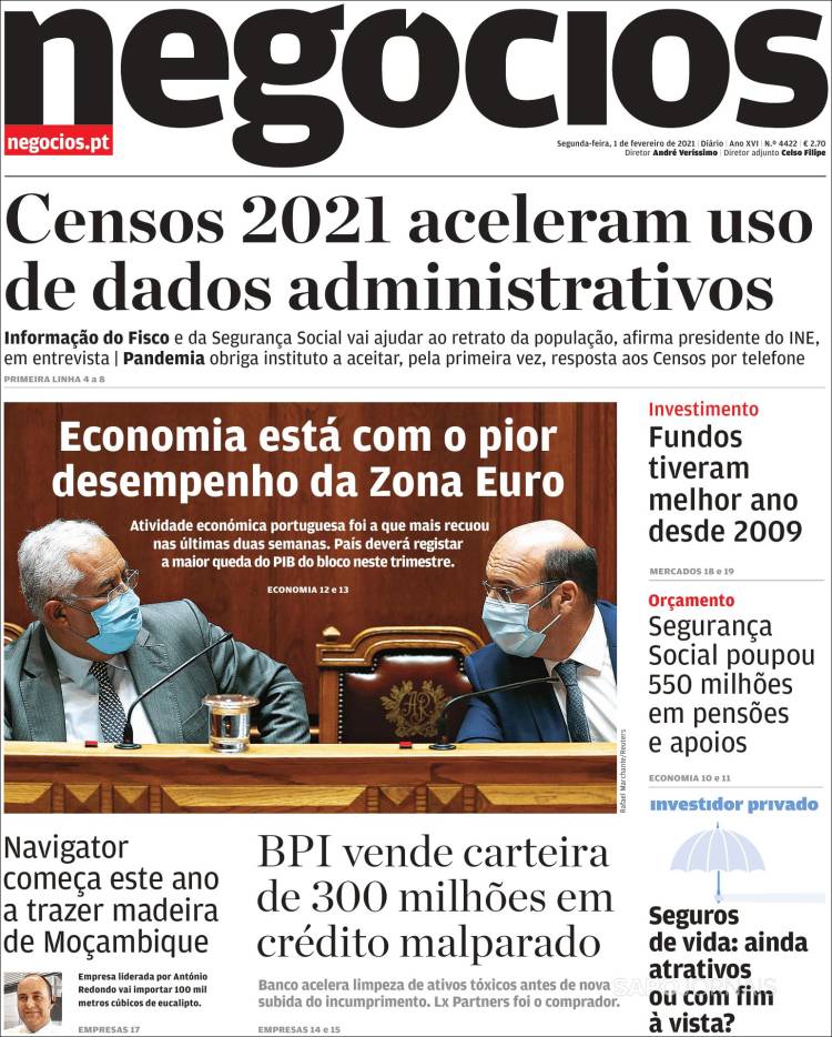 Portada de Jornal de Negócios (Portugal)