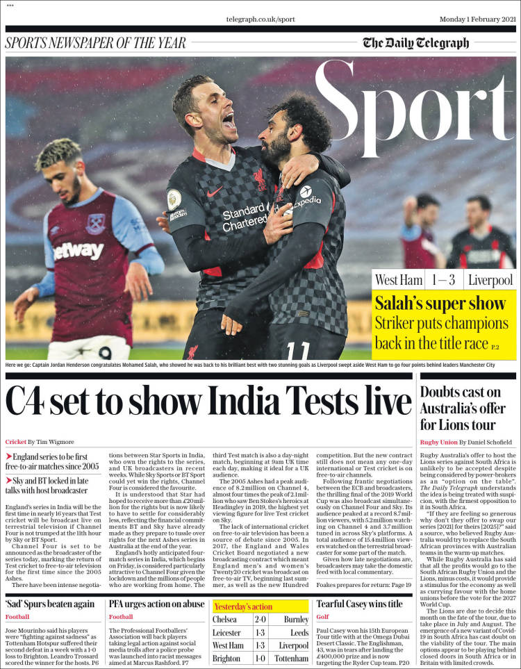 Portada de Telegraph Sport (Reino Unido)