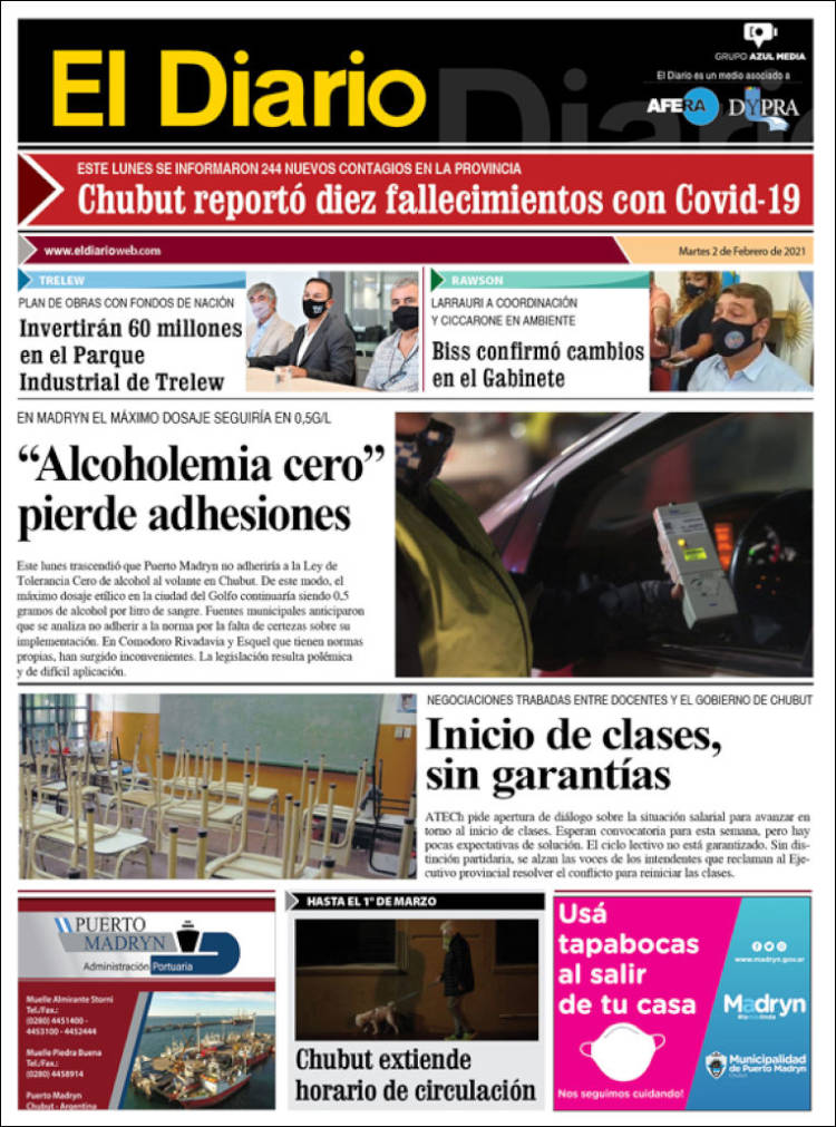 Portada de El Diario de Madryn (Argentina)