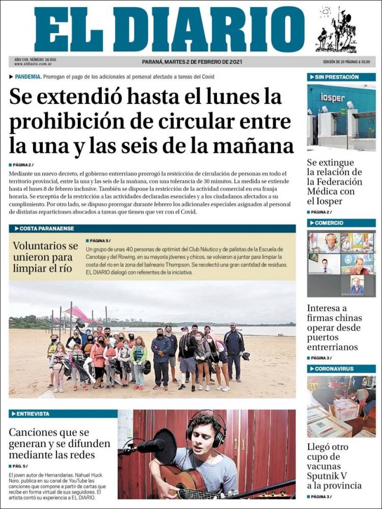 Portada de El Diario de Paraná (Argentina)