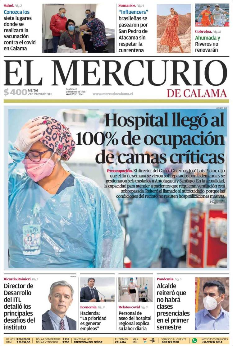 Portada de El Mercurio - Calama (Chile)
