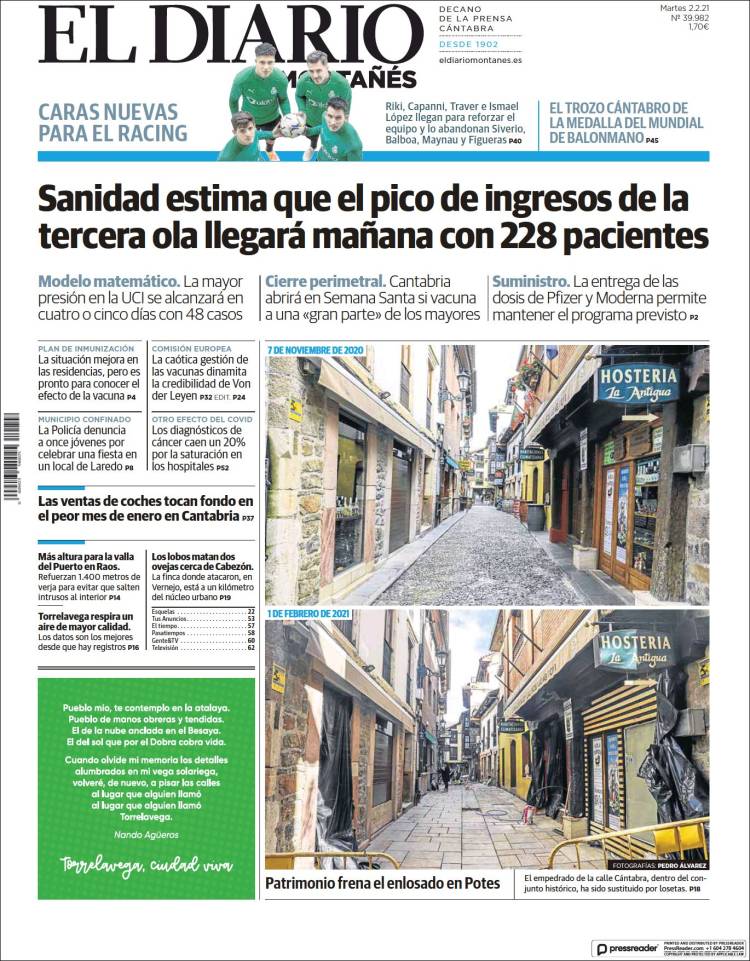 Portada de El Diario Montañés (España)