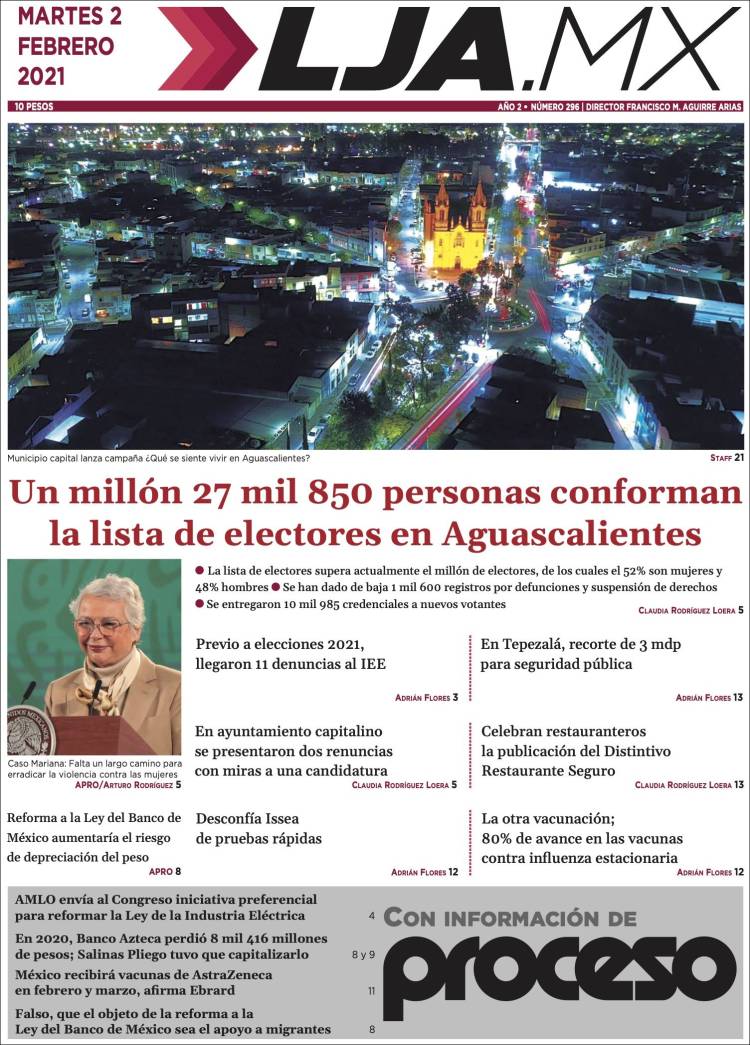 Portada de La Jornada de Aguascalientes (M&eacute;xico)