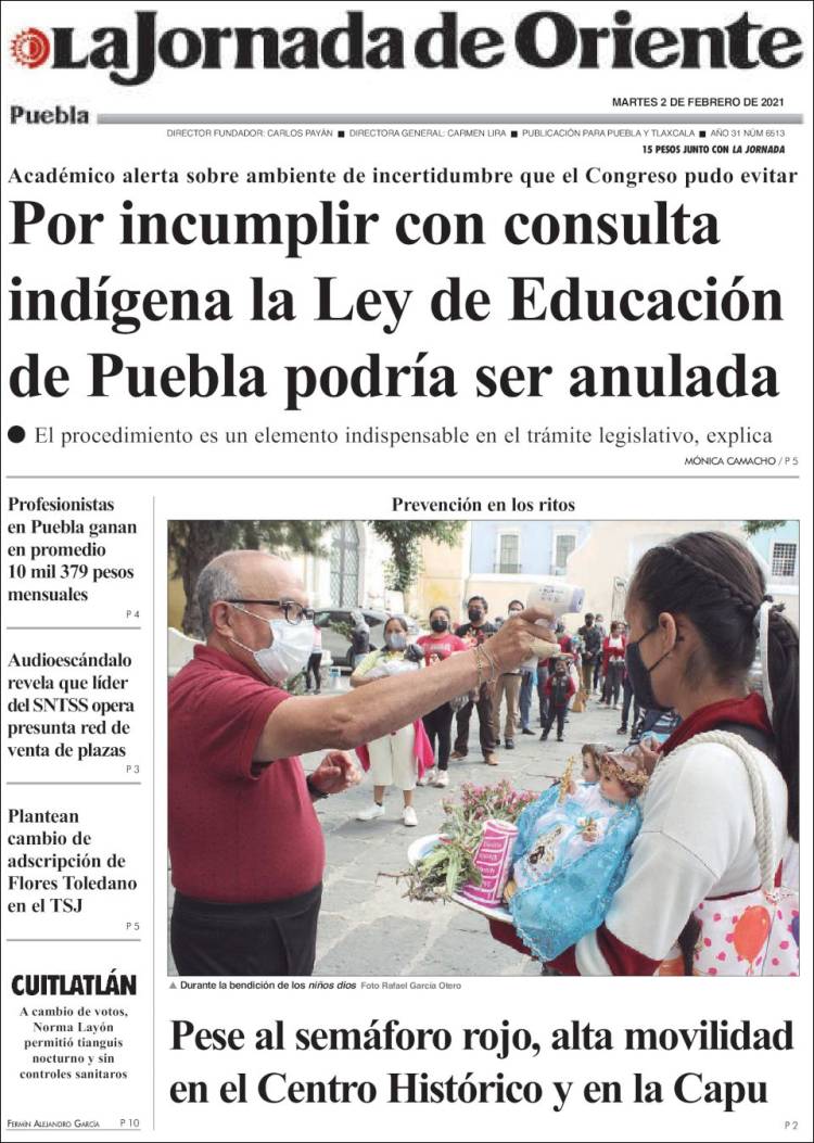 Portada de La Jornada de Oriente - Puebla (M&eacute;xico)