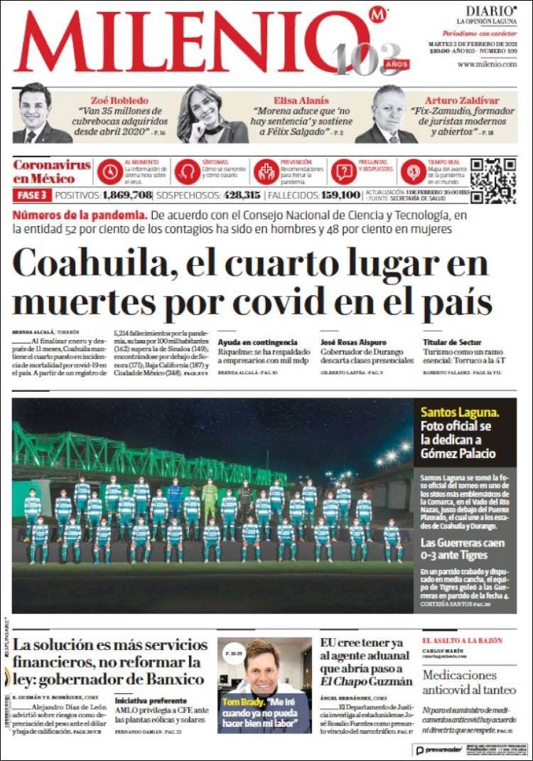 Portada de Milenio - Laguna (M&eacute;xico)