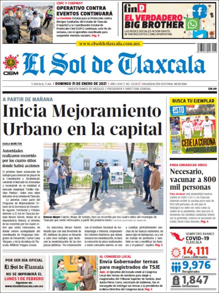 Portada de El Sol de Tlaxcala (M&eacute;xico)