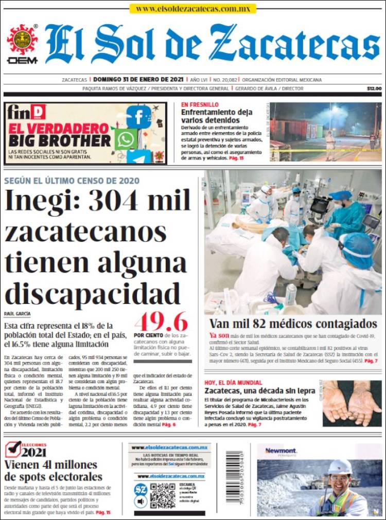 Portada de El Sol de Zacatecas (M&eacute;xico)