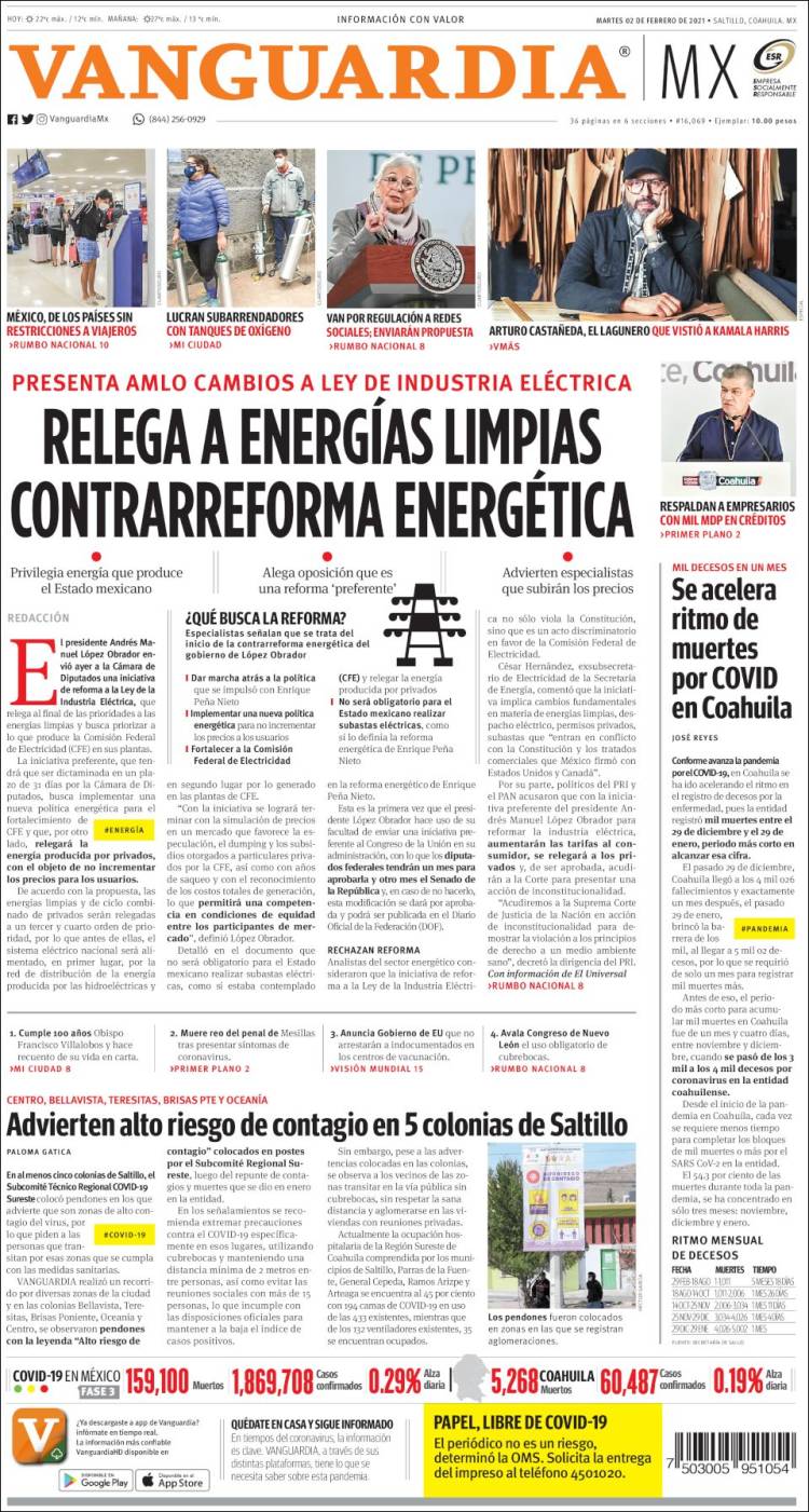 Portada de Vanguardia (M&eacute;xico)
