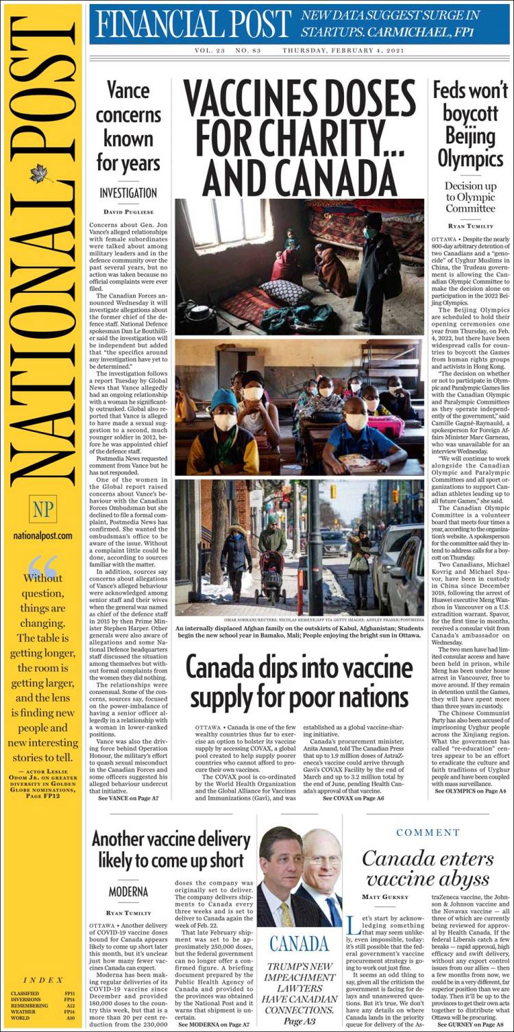 Portada de The National Post (Canada)