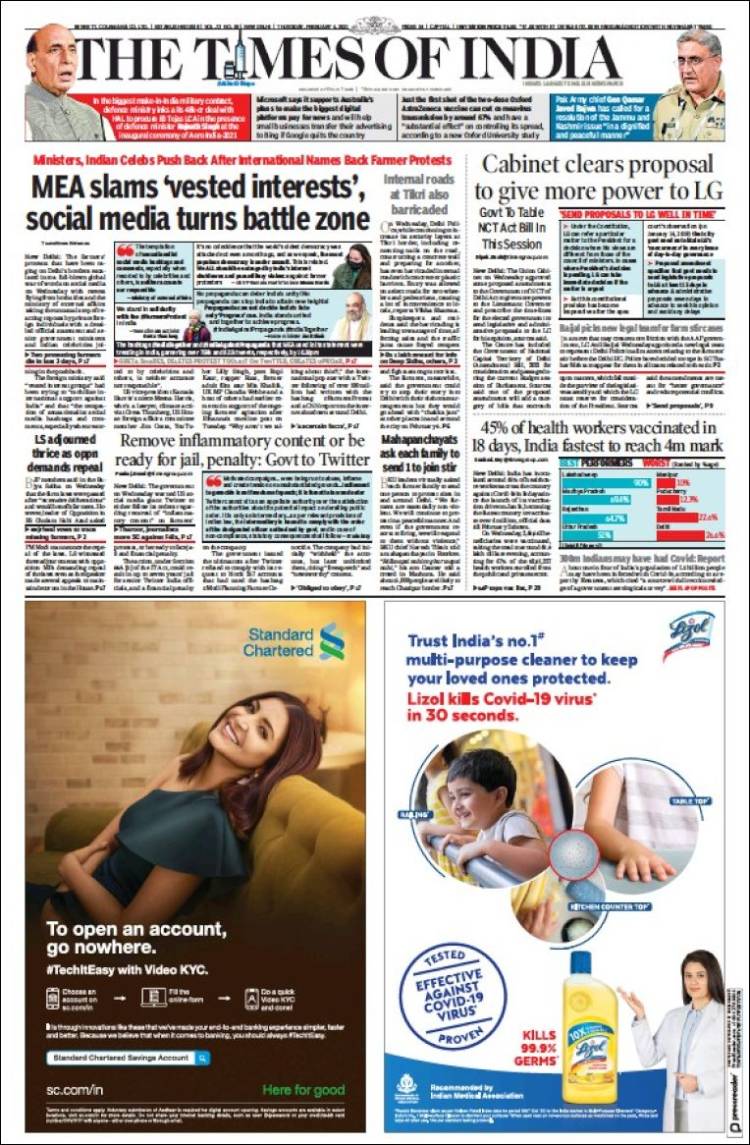 Newspaper The Times Of India India Newspapers In India Thursday S Edition February 4 Of 2021 Kiosko Net