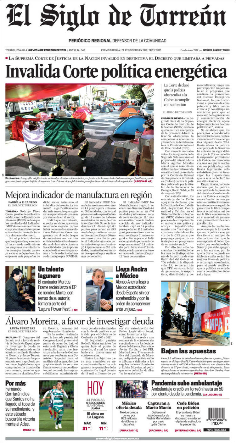 Portada de El Siglo de Torreon (Mexique)