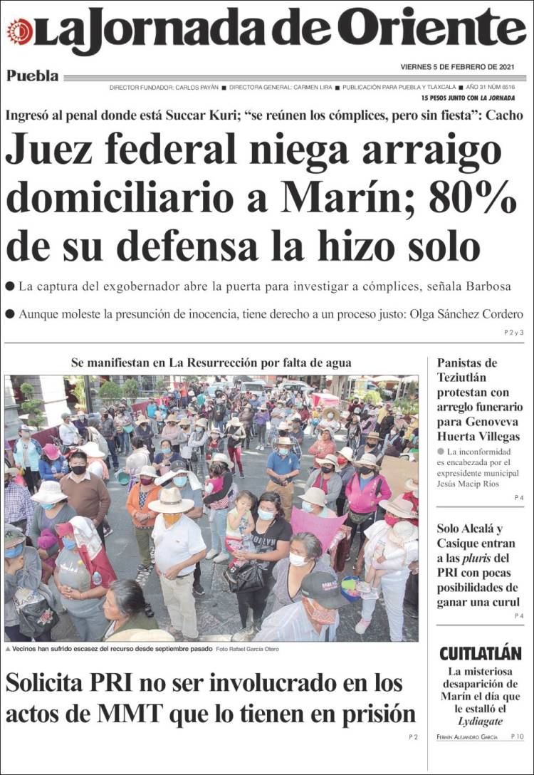 Portada de La Jornada de Oriente - Puebla (México)