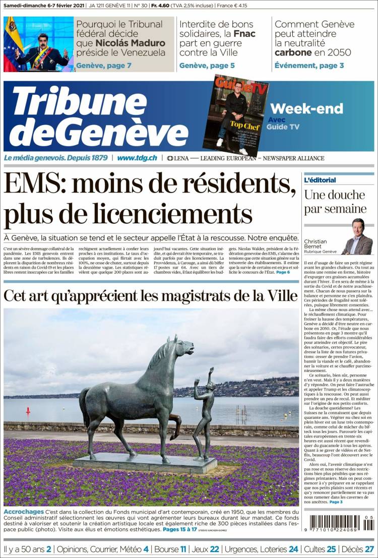 Portada de La Tribune de Genève (Suiza)