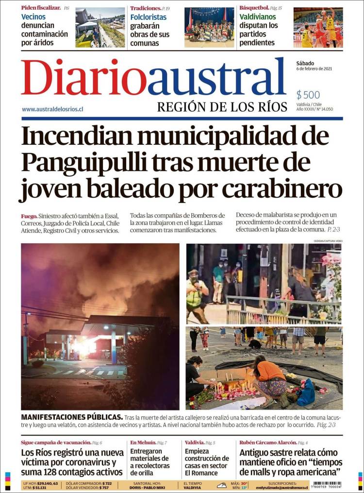 Portada de El Diario Austral de Valdivia (Chile)