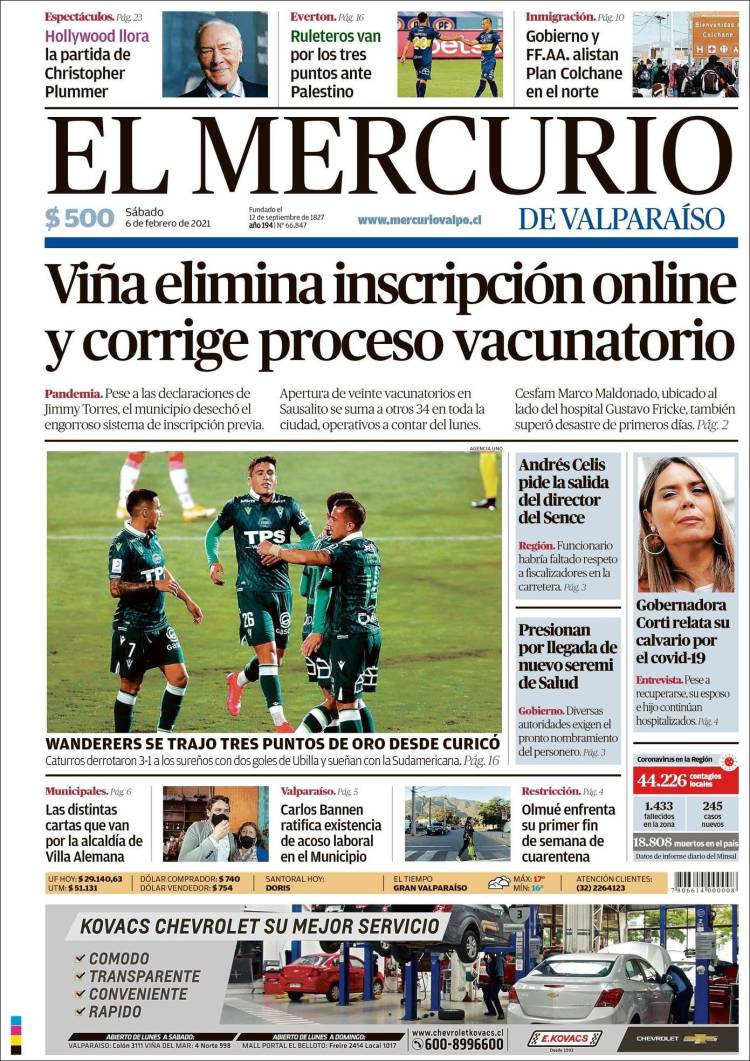 Portada de Mercurio de Valparaiso (Chile)