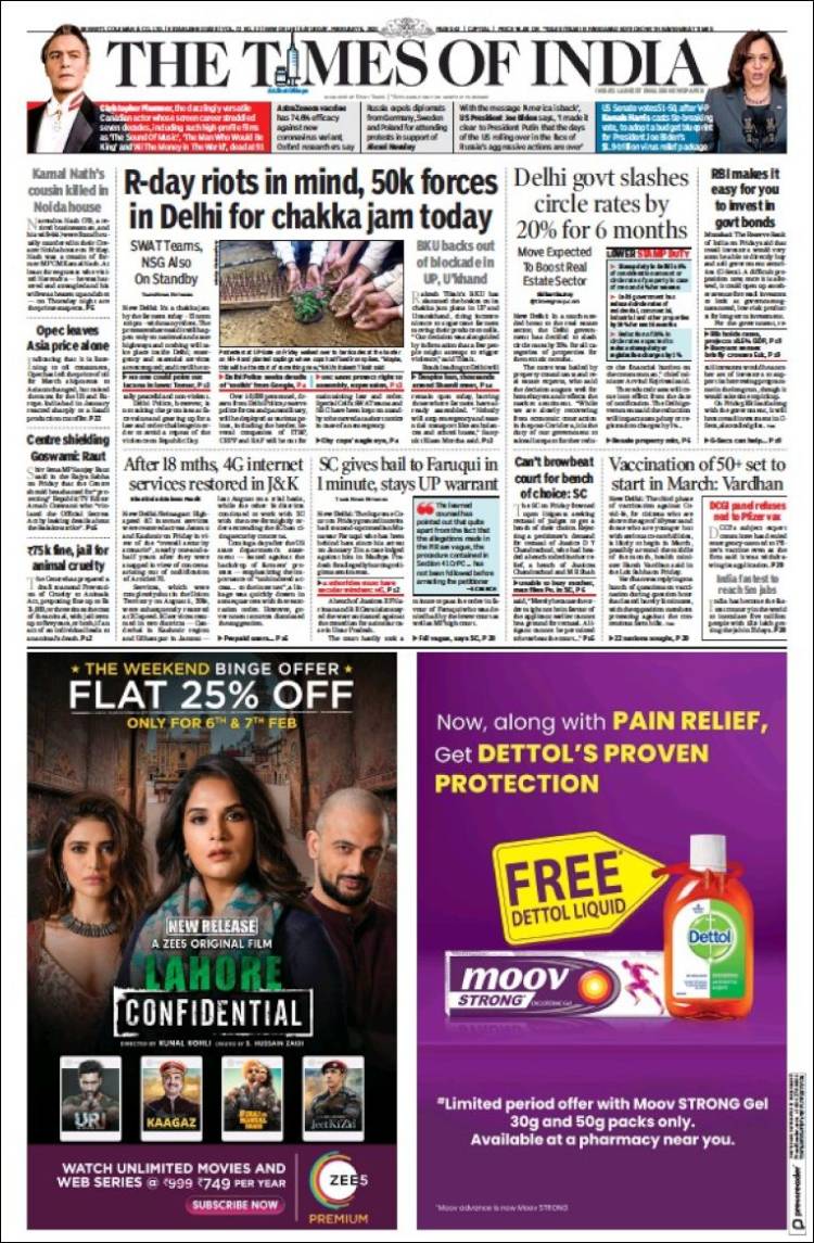 Portada de The Times of India (India)