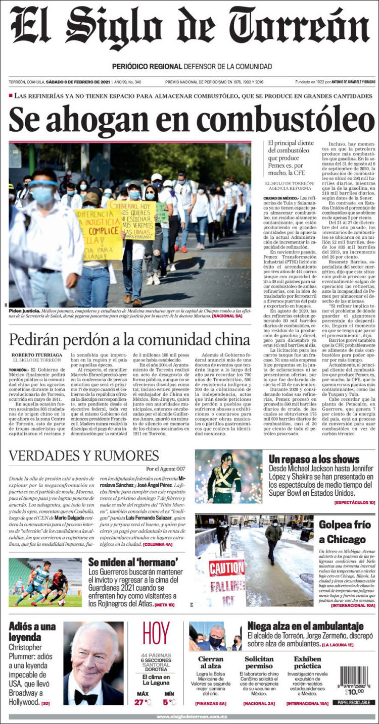 Portada de El Siglo de Torreon (México)