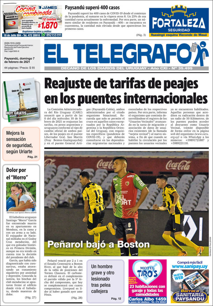 Newspaper El Telégrafo (Uruguay). Newspapers in Uruguay. Sunday's edition,  February 7 of 2021. 
