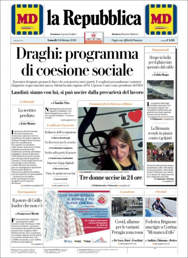 Portada de La Repubblica (Italia)