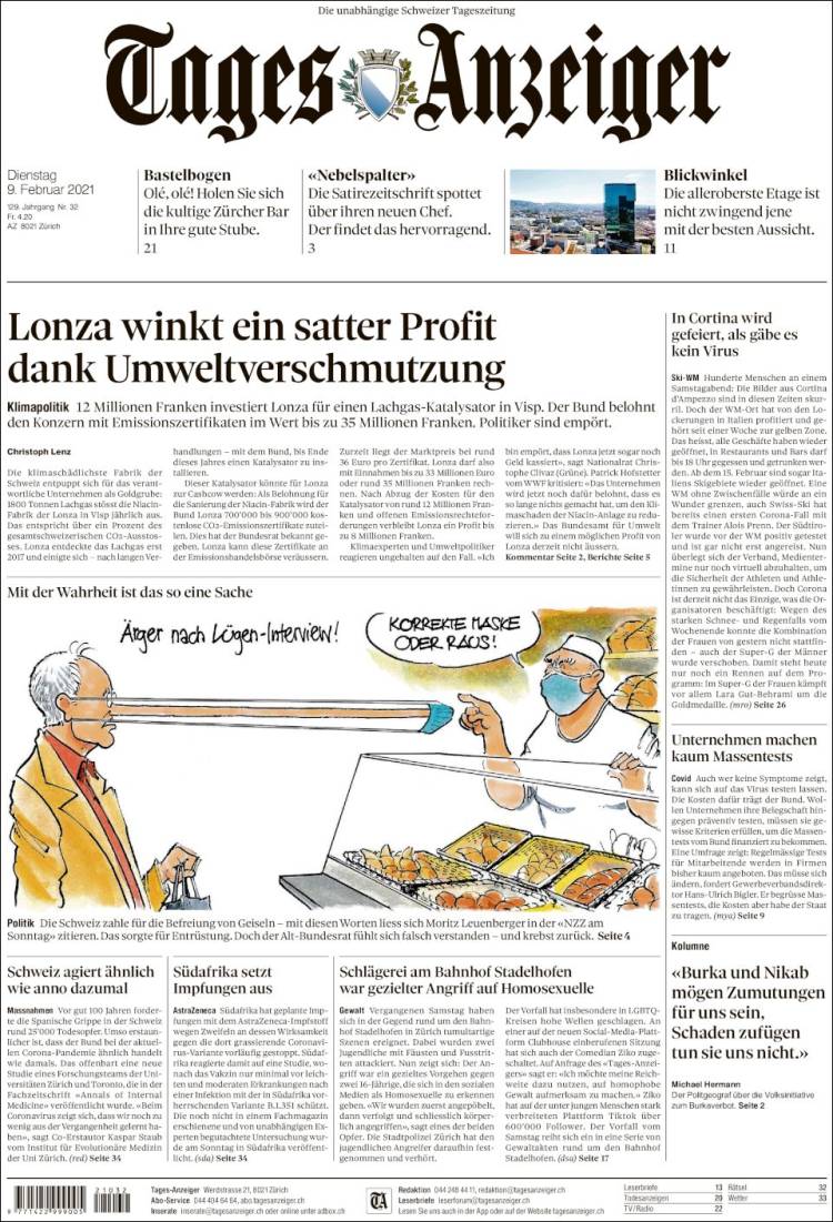 Portada de Tages-Anzeiger (Suiza)