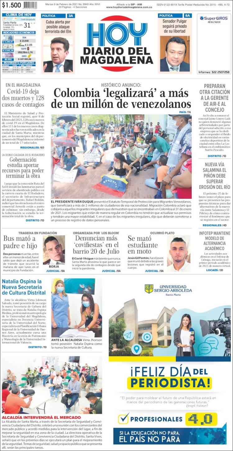 Portada de Hoy Diario del Magdalena (Colombia)