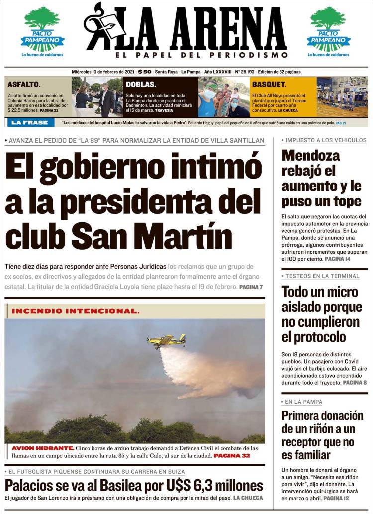 Portada de Diario La Arena (Argentina)