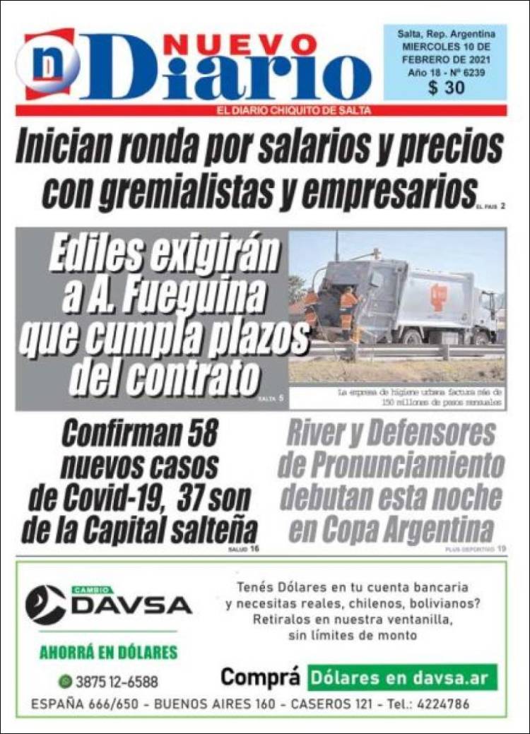 Portada de Nuevo Diario de Salta (Argentina)