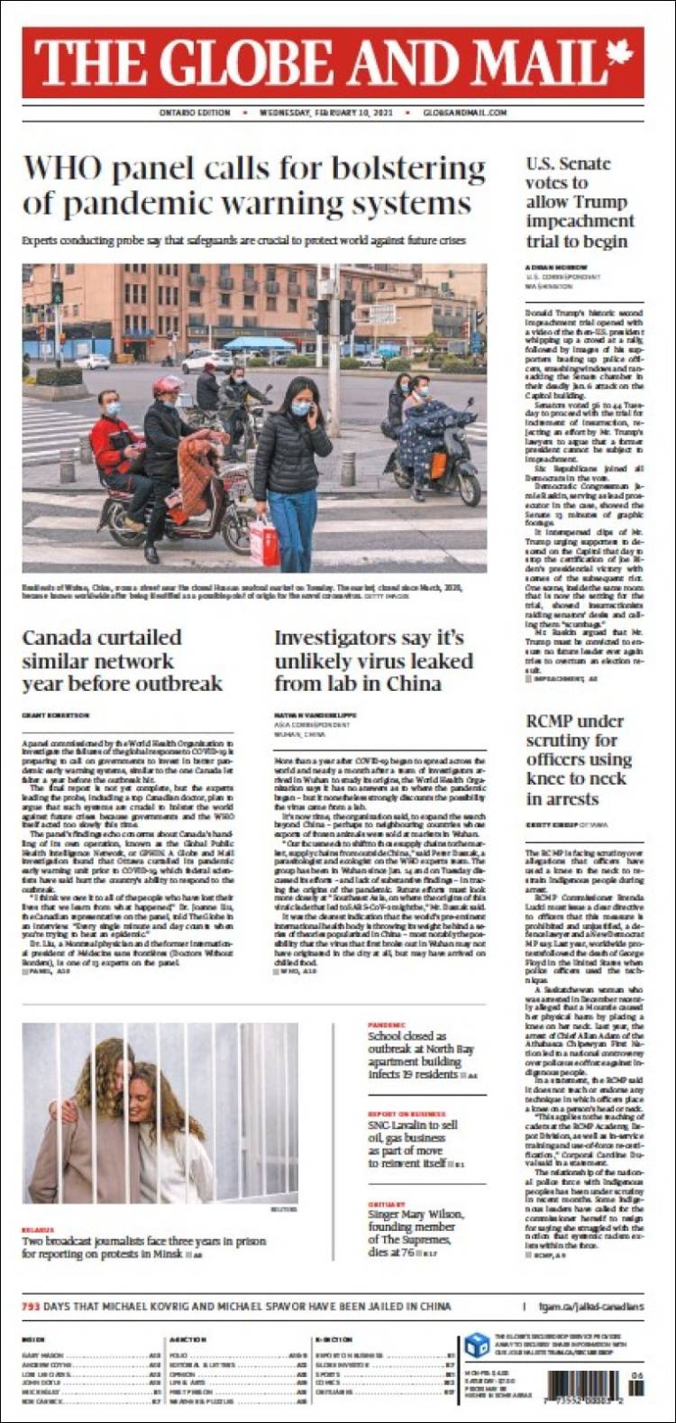 Portada de The Globe and Mail (Canadá)