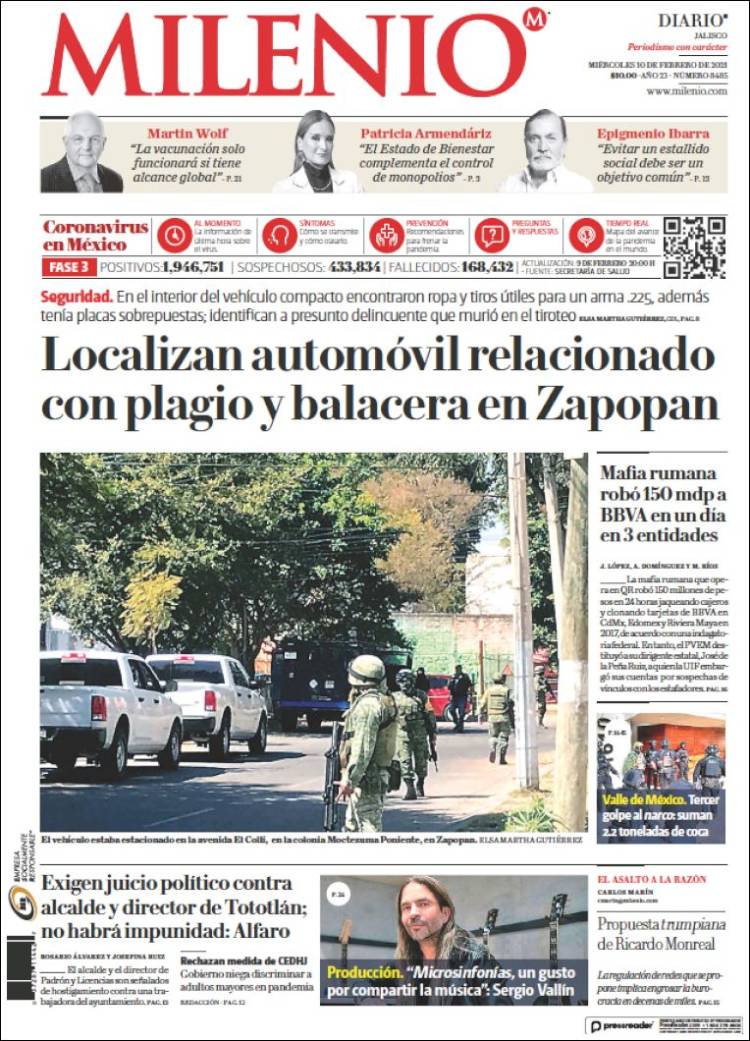 Portada de Milenio - Jalisco (México)