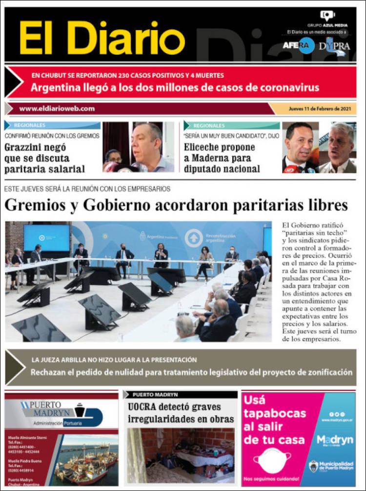 Portada de El Diario de Madryn (Argentina)