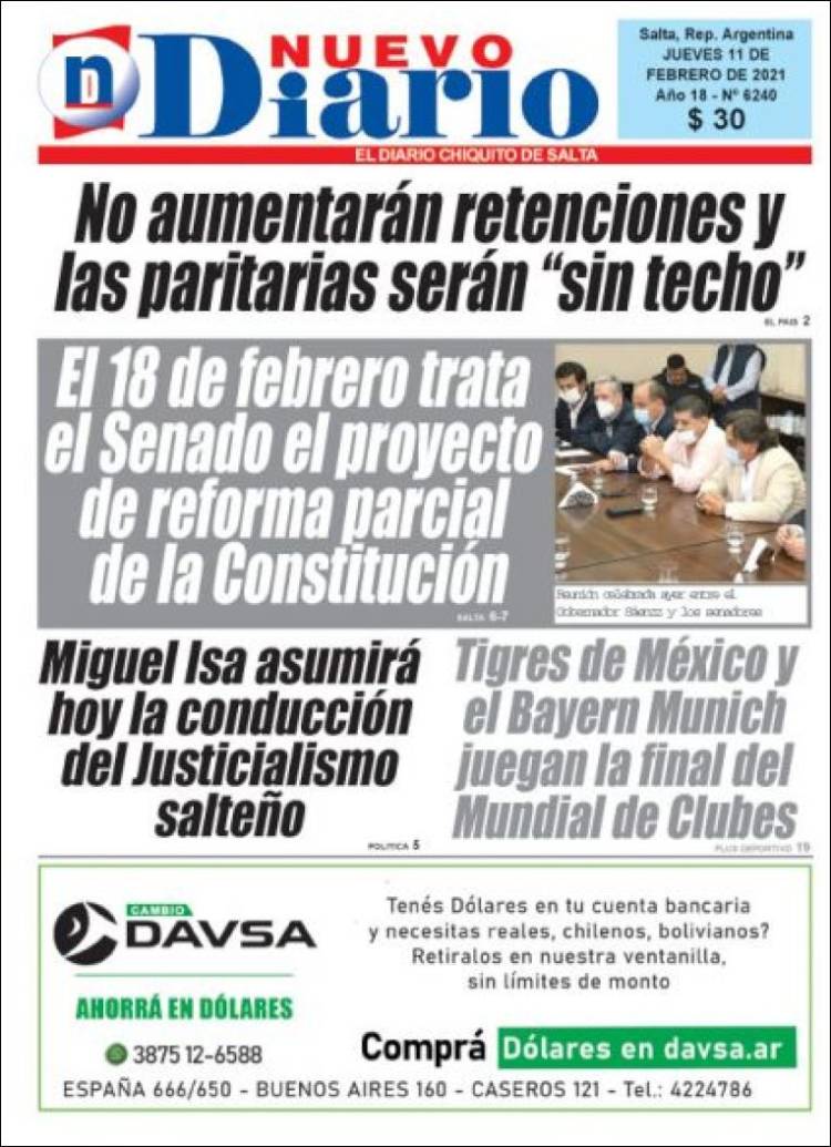 Portada de Nuevo Diario de Salta (Argentina)