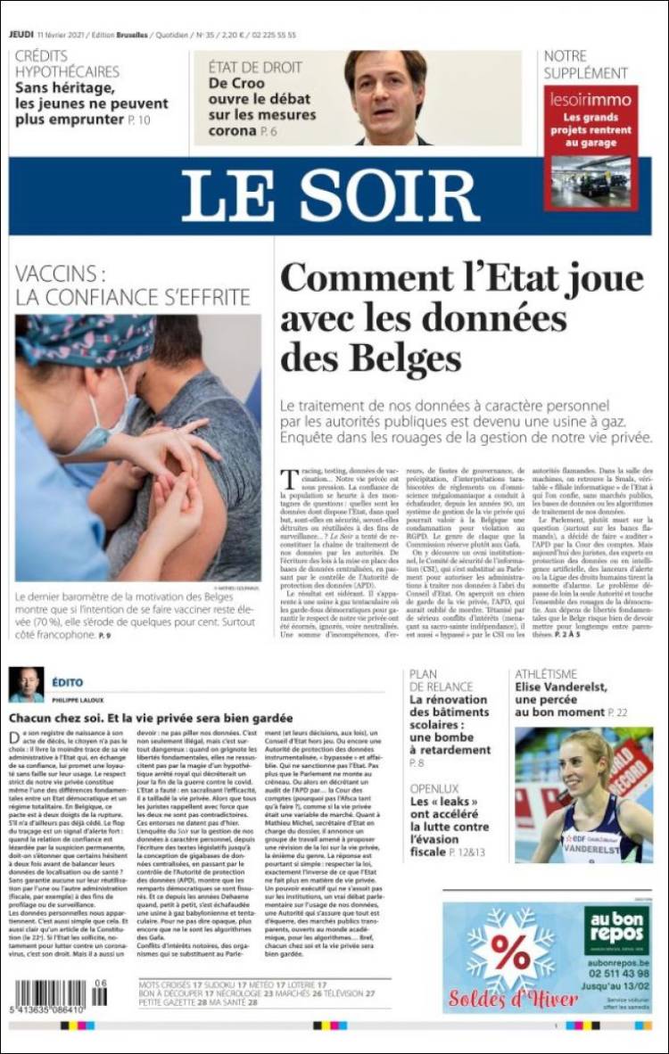 Portada de Le Soir (B&eacute;lgica)