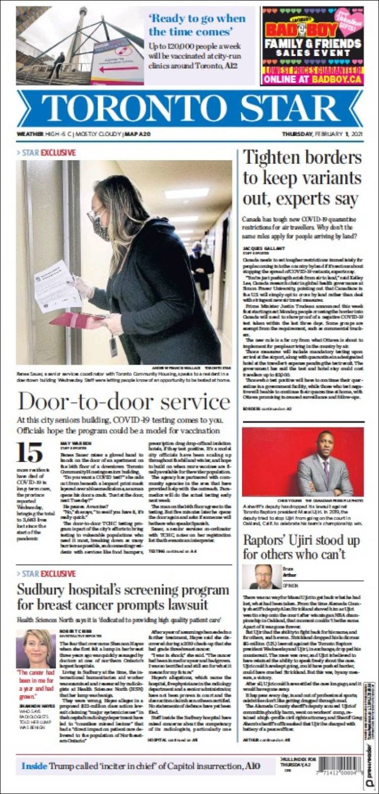 Portada de The Toronto Star (Canadá)