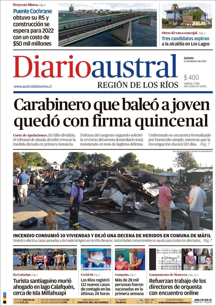 Portada de El Diario Austral de Valdivia (Chile)