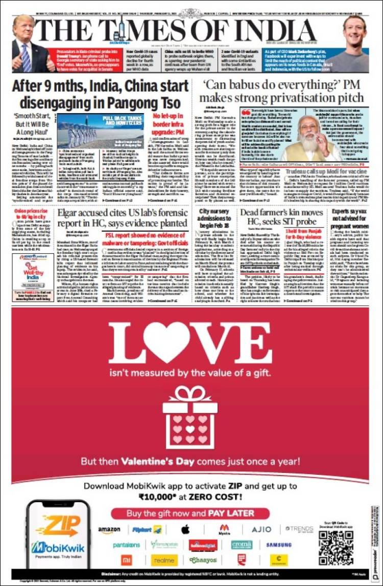 Portada de The Times of India (India)