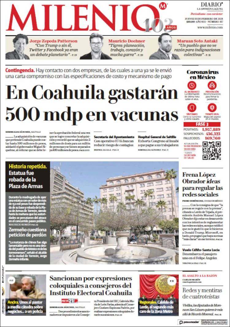 Portada de Milenio - Laguna (México)