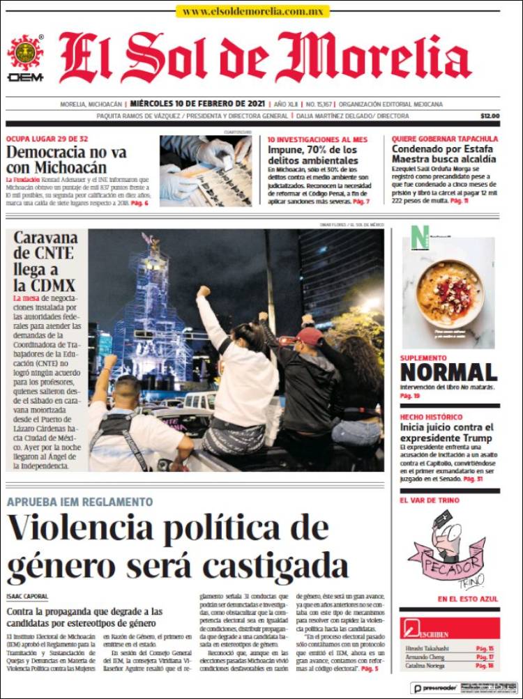 Portada de El Sol de Morelia (México)