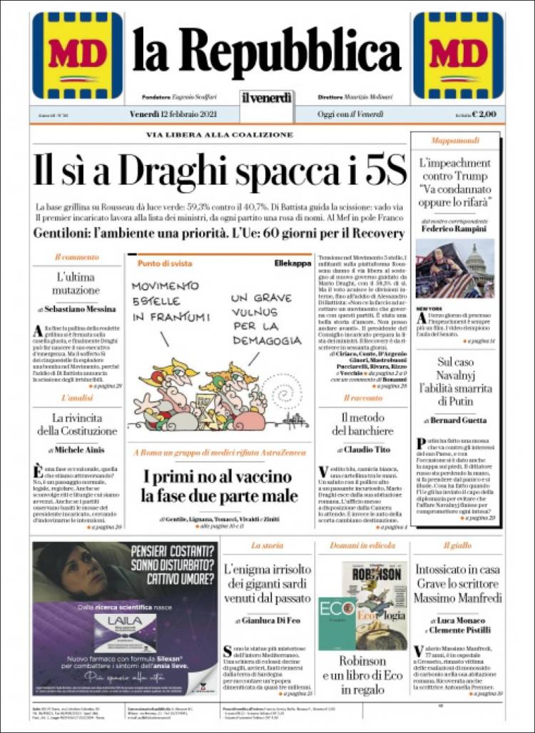 Portada de La Repubblica (Italia)