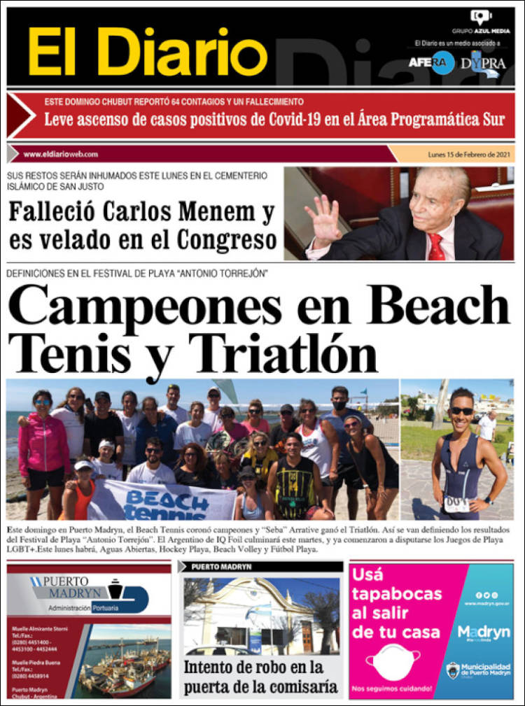 Portada de El Diario de Madryn (Argentina)