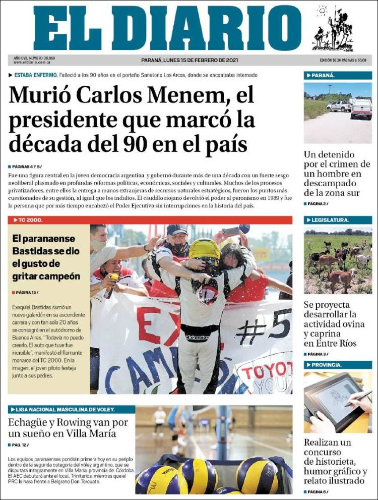 Portada de El Diario de Paraná (Argentina)