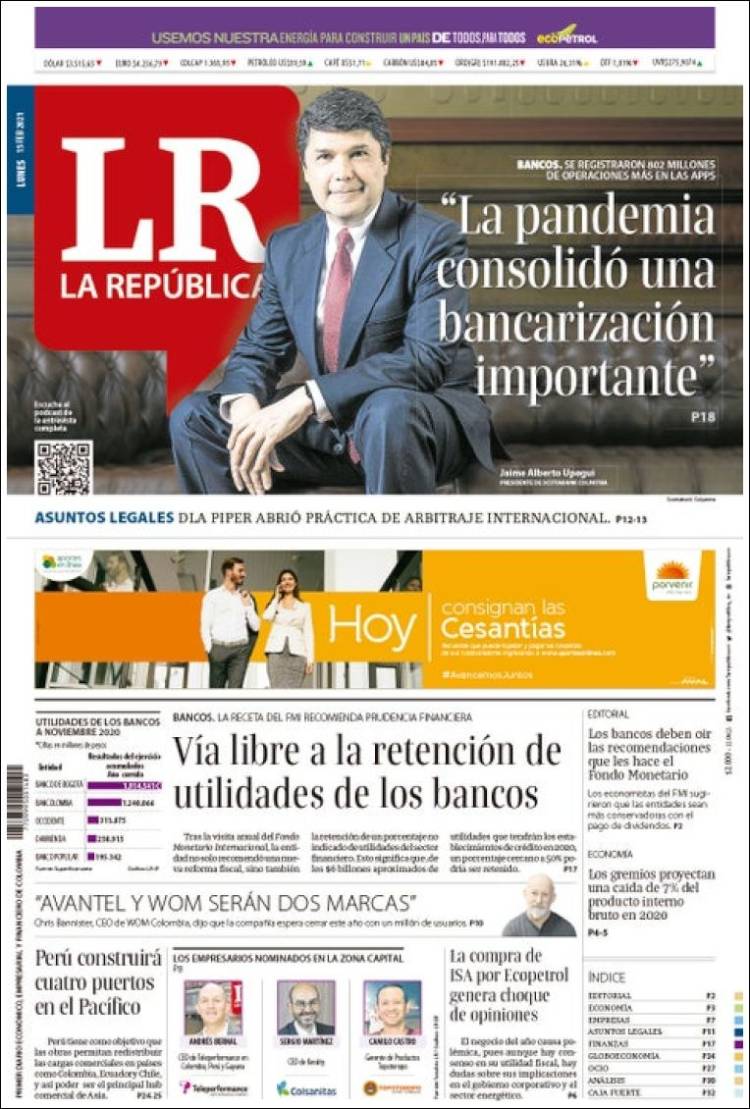 Portada de La Republica (Colombia)