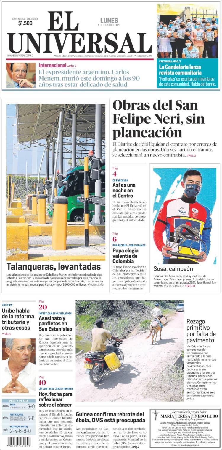 Portada de El Universal (Colombia)