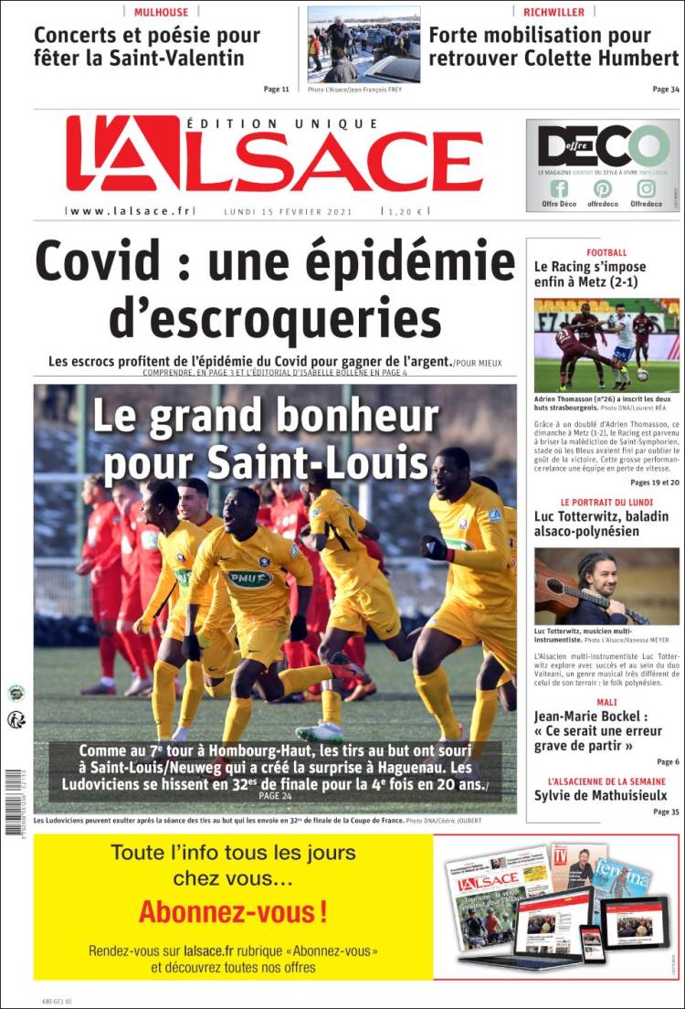 Portada de Journal L'Alsace (Francia)