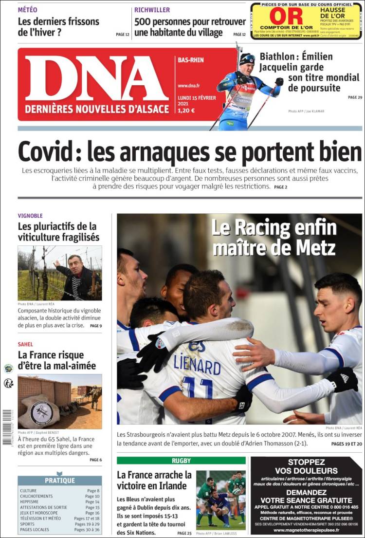 Portada de Les Dernières Nouvelles d'Alsace (Francia)