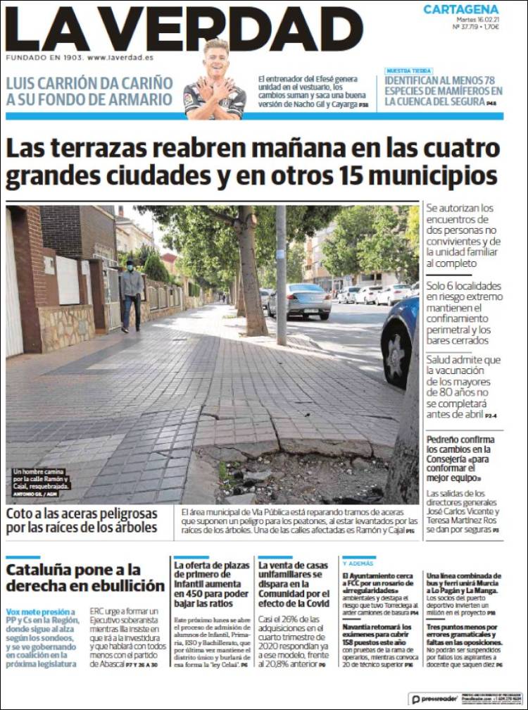 Portada de La Verdad de Cartagena (España)