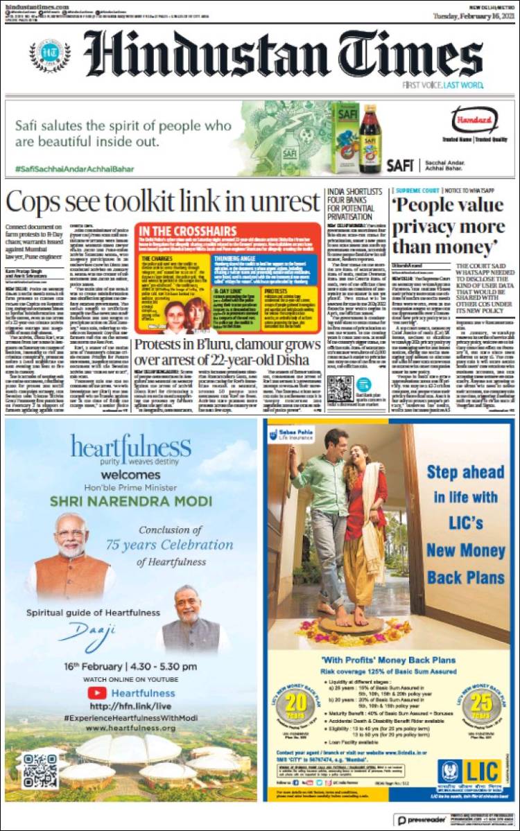 Portada de Hindustan Times (India)